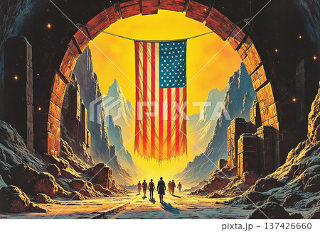 American flag flies over desolate landscape with mountains American flag flies over desolate landscape with mountains 137426660