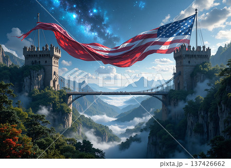 American flag flies over fantasy castle bridge 137426662