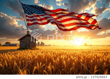 American flag flies over golden wheat field American flag flies over golden wheat field 137426663