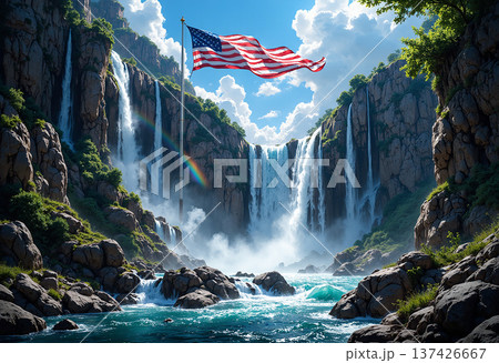 American flag flies over majestic waterfalls, nature 137426667