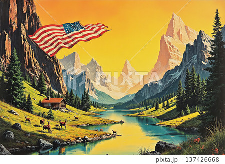 American flag flies over mountain river American flag flies over mountain river 137426668