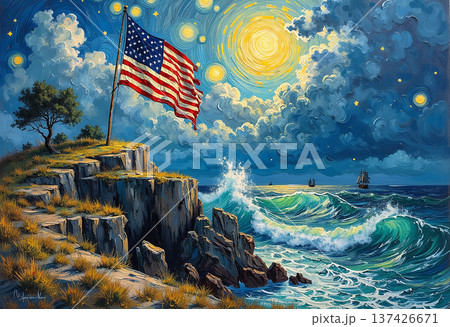 American flag flies over rocky coast and ocean 137426671