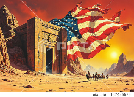 American flag flows over an ancient desert temple 137426679