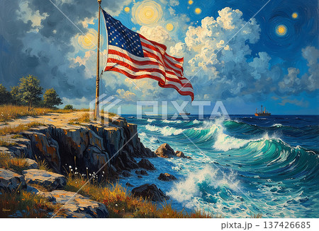 American flag flying above coastal cliffs and ocean 137426685
