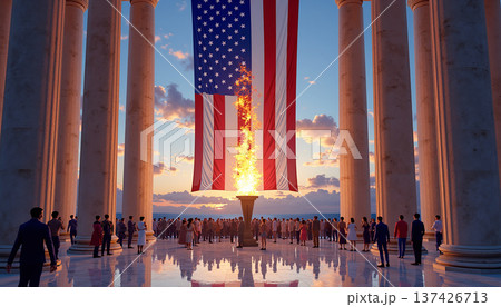 American flag hanging between columns with people American flag hanging between columns with people 137426713