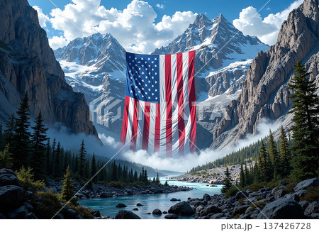 American flag hanging in majestic snow capped mountains 137426728