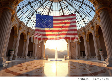 American flag hanging inside grand marble rotunda American flag hanging inside grand marble rotunda 137426730