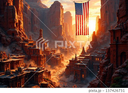 American flag hanging over ancient canyon city at sunset 137426731