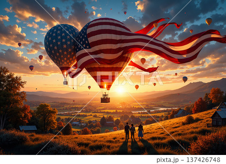 American flag hot air balloons over autumn landscape American flag hot air balloons over autumn landscape 137426748