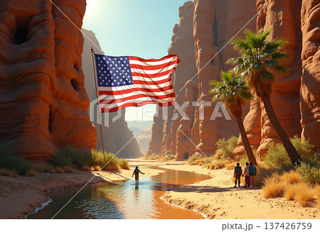 American flag in desert canyon with river and palm trees American flag in desert canyon with river and palm trees 137426759