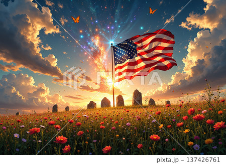 American flag in flower field with sparkling sky at sunset 137426761