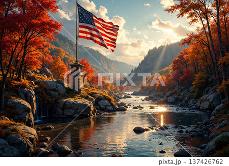 American flag in forest during autumn 137426762