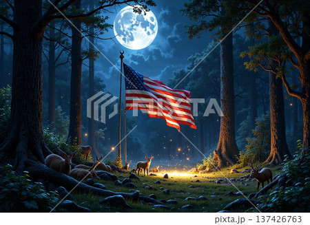 American flag in forest full moon night American flag in forest full moon night 137426763