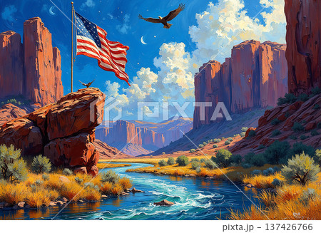 American flag in grand canyon with flowing river American flag in grand canyon with flowing river 137426766