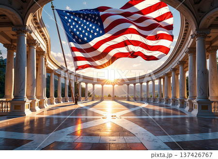 American flag in grand colonnade at sunset 137426767