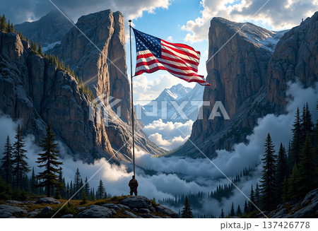 American flag in mountain valley with a lone figure American flag in mountain valley with a lone figure 137426778