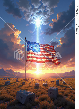 American flag in mystical field under bright star 137426779