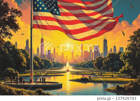American flag in park with city skyline 137426783