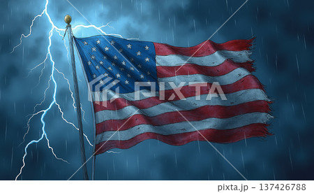 American flag in storm with lightning and heavy rain American flag in storm with lightning and heavy rain 137426788