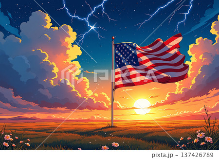 American flag in stormy sunset field American flag in stormy sunset field 137426789