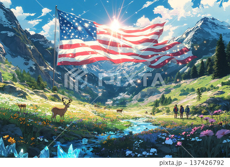 American flag in sunny mountain meadow American flag in sunny mountain meadow 137426792