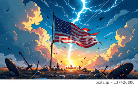 American flag lightning over a field with war remnants American flag lightning over a field with war remnants 137426800