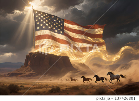 American flag majestic over desert with wild horses American flag majestic over desert with wild horses 137426801