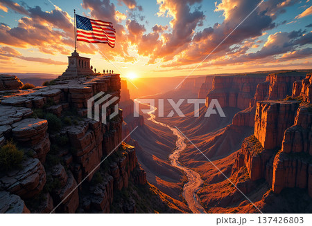 American flag monument at grand canyon sunset view American flag monument at grand canyon sunset view 137426803