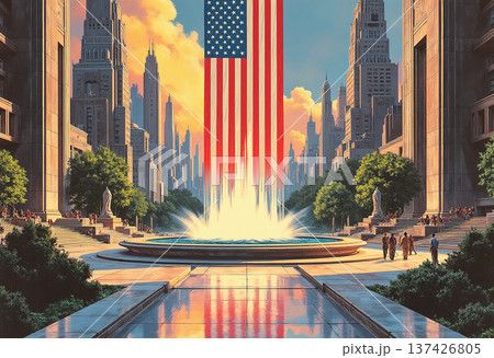 American flag monument in grand city square setting American flag monument in grand city square setting 137426805