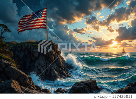 American flag on a cliff at sunset with ocean waves American flag on a cliff at sunset with ocean waves 137426811