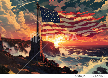 American flag on cliff overlooking ocean sunset waves American flag on cliff overlooking ocean sunset waves 137427079