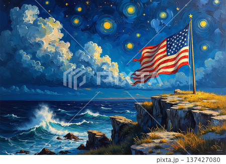 American flag on cliff under starry night sky ocean view American flag on cliff under starry night sky ocean view 137427080