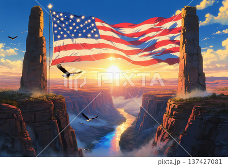 American flag on cliffs at sunset grand canyon American flag on cliffs at sunset grand canyon 137427081