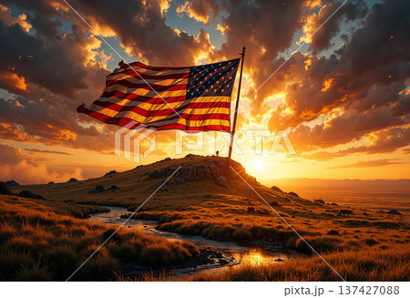 American flag on hill at golden hour sunset American flag on hill at golden hour sunset 137427088