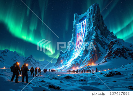 American flag on icy mountain under aurora borealis 137427092