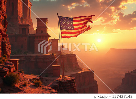 American flag over canyon by ancient ruins sunset American flag over canyon by ancient ruins sunset 137427142
