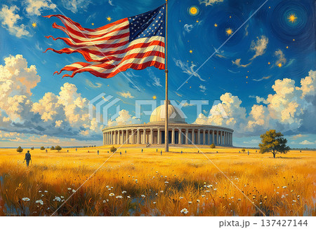 American flag over capitol building and golden field 137427144