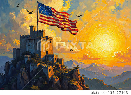 American flag over castle on mountaintop at sunrise American flag over castle on mountaintop at sunrise 137427148