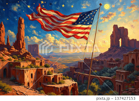 American flag over desert landscape and ancient city American flag over desert landscape and ancient city 137427153