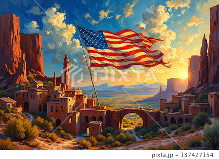 American flag over desert town at sunset American flag over desert town at sunset 137427154