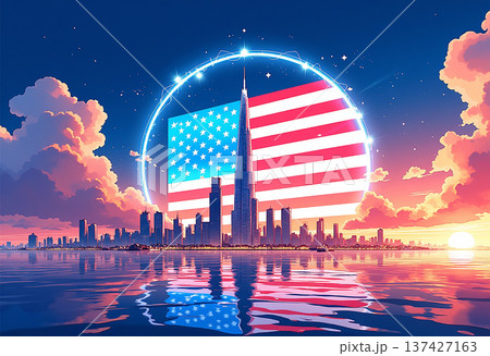American flag over futuristic city skyline American flag over futuristic city skyline 137427163