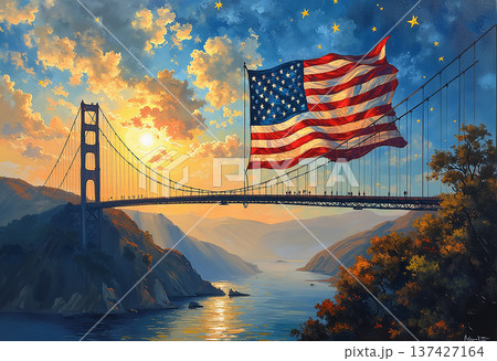 American flag over golden gate bridge during sunset American flag over golden gate bridge during sunset 137427164