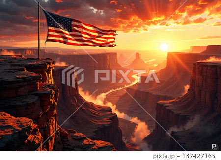 American flag over grand canyon at fiery sunset American flag over grand canyon at fiery sunset 137427165
