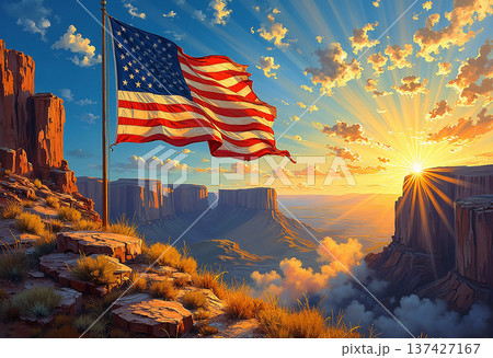 American flag over grand canyon at sunset with rays American flag over grand canyon at sunset with rays 137427167