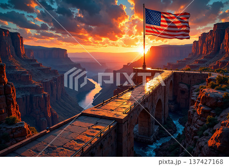 American flag over grand canyon at sunset American flag over grand canyon at sunset 137427168