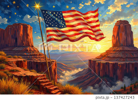 American flag over grand canyon with radiant sunset 137427243