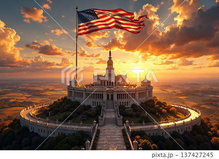 American flag over grand capitol building at sunset American flag over grand capitol building at sunset 137427245
