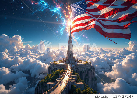 American flag over grand castle above clouds American flag over grand castle above clouds 137427247