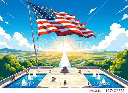 American flag over grand monument with panoramic view 137427252