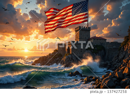American flag over historic castle by stormy sea 137427258